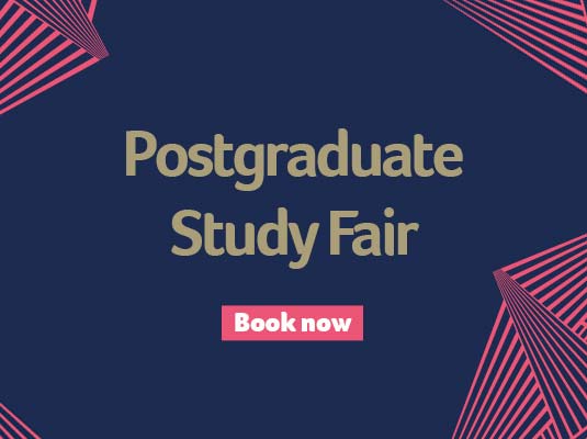 Book now banner for Postgraduate Study Fair 
