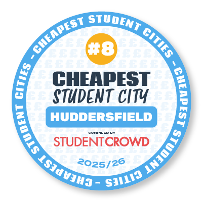 A badge graphic which states that Huddersfield is ranked number 8 in the UK's cheapest student cities by Student Crowd.