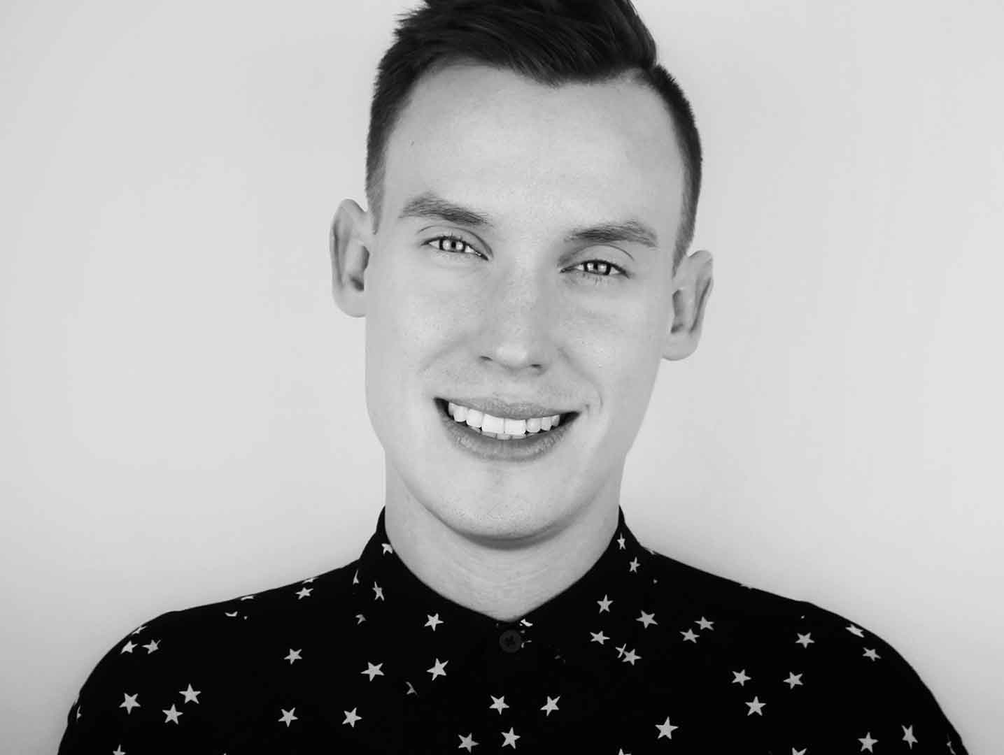 Black and white close up image of Chris Bell-Watson