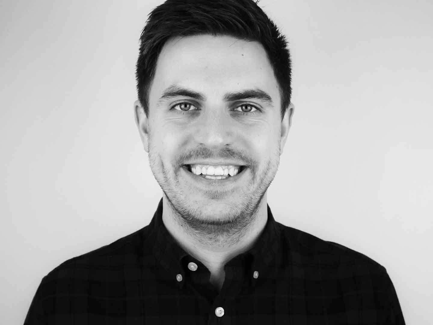 Black and white close up image of Matt Bell-Watson