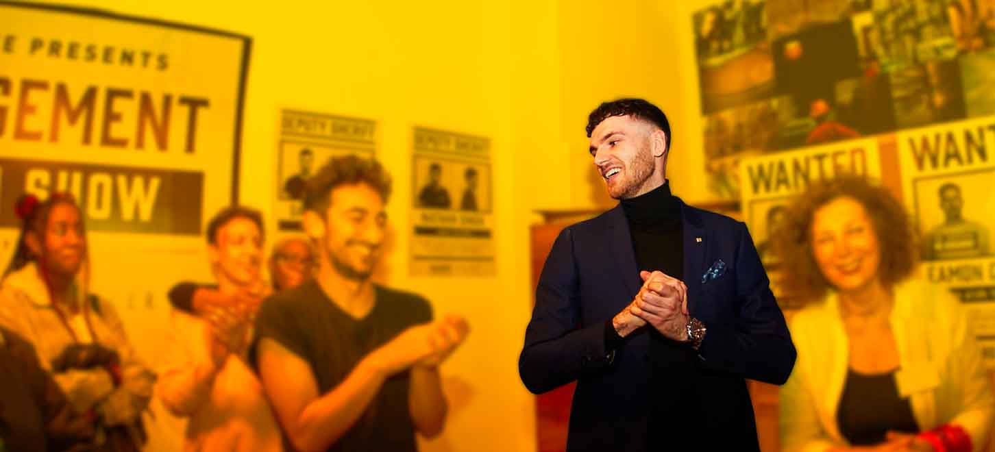 4 photos of Daniel Kelly with his May Contain strapline