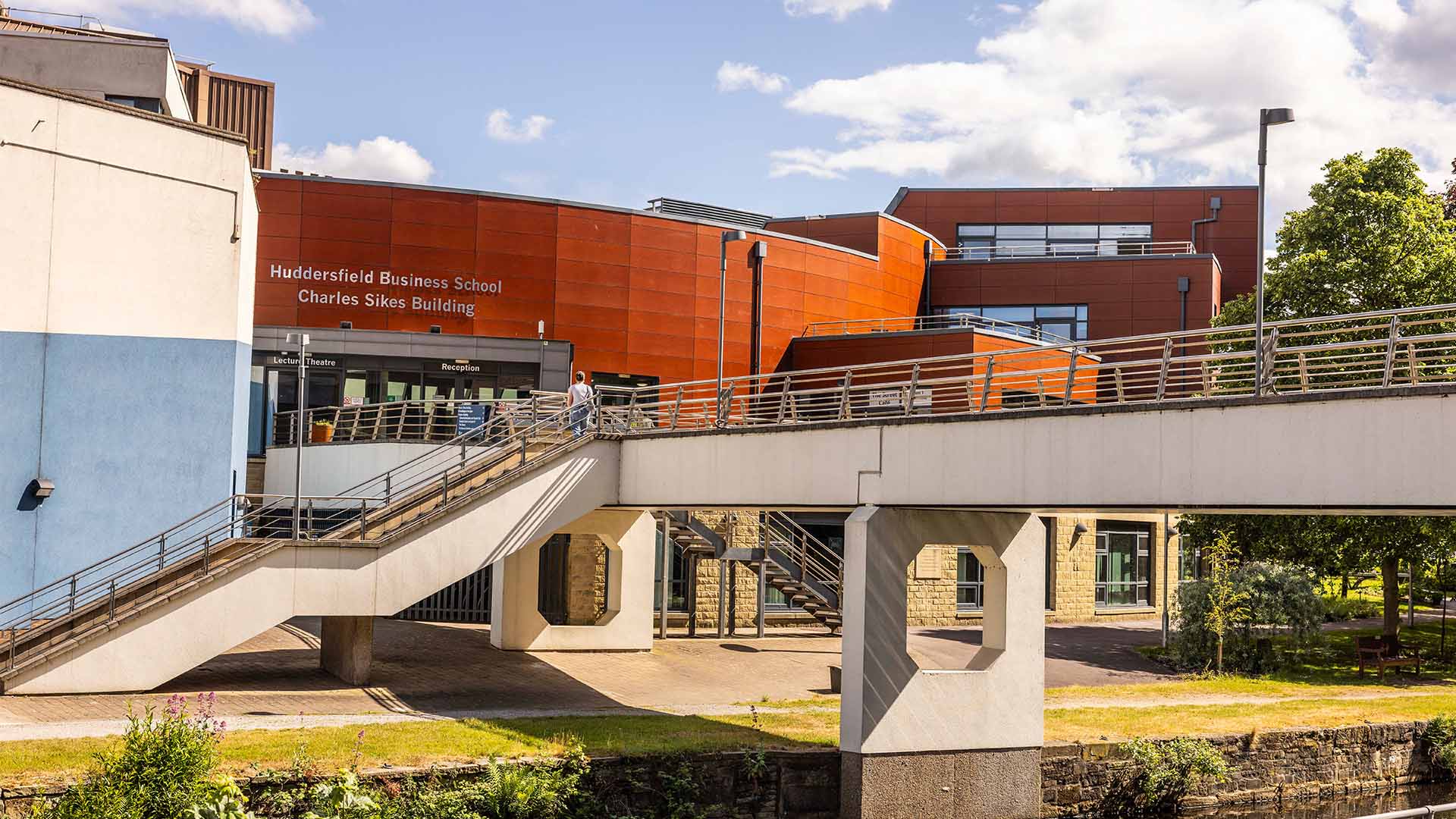 Huddersfield Business School and the attached bridge above a canal