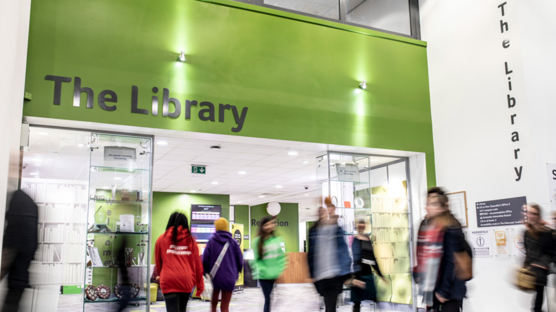 The entrance to the library with blurred people 