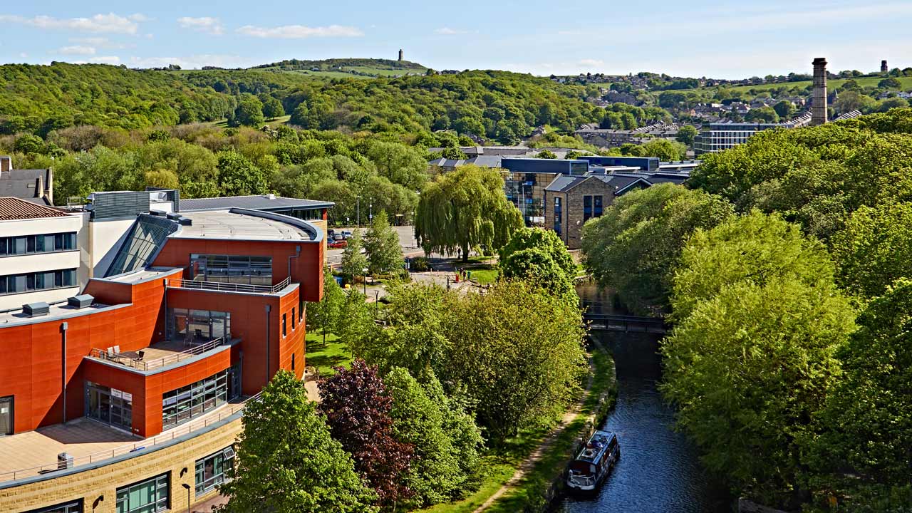 A high view of The University of Huddersfield Charles Sikes Canal