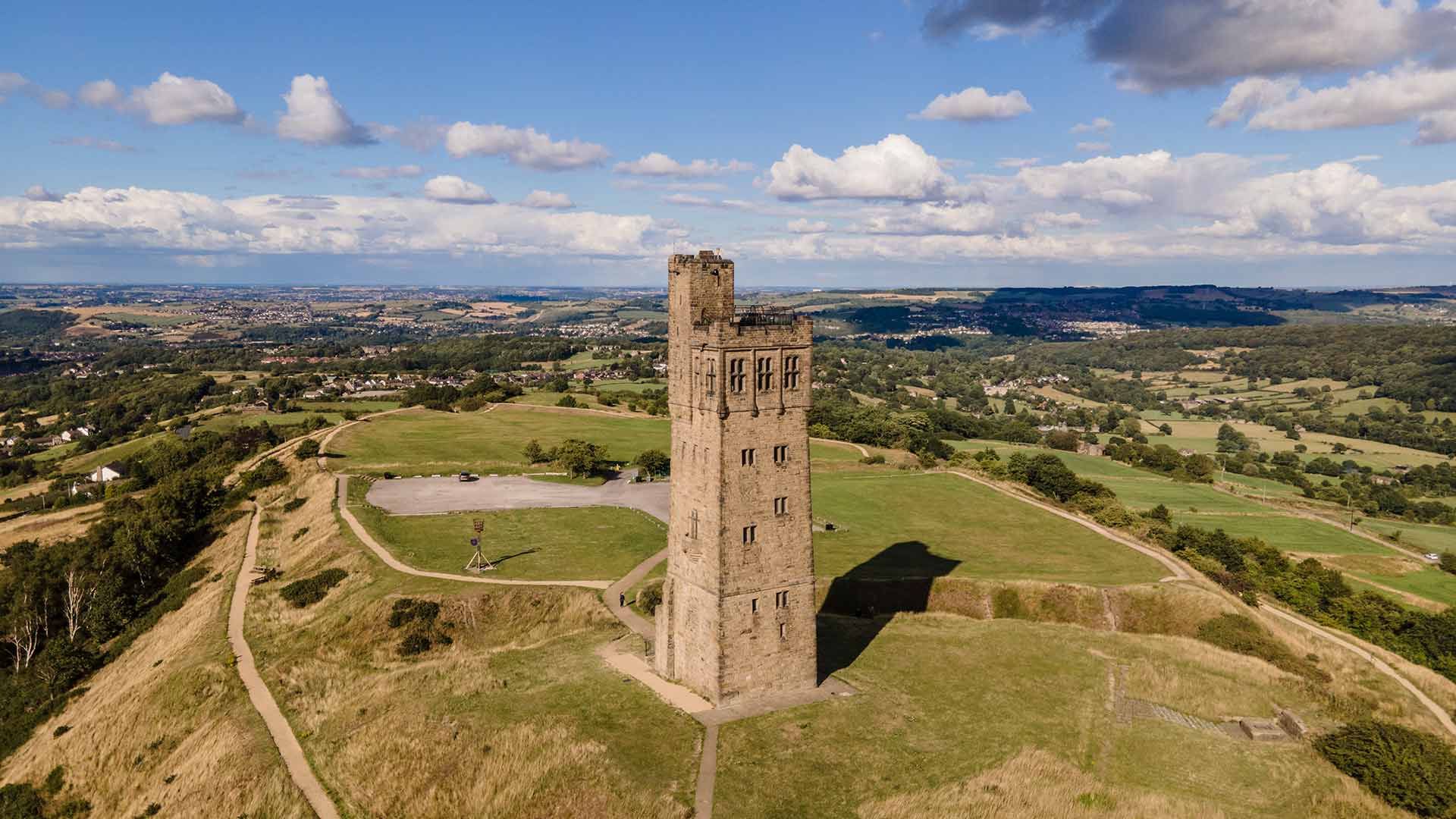 An aerial photo of Castle Hill in Huddersfield in the afternoon