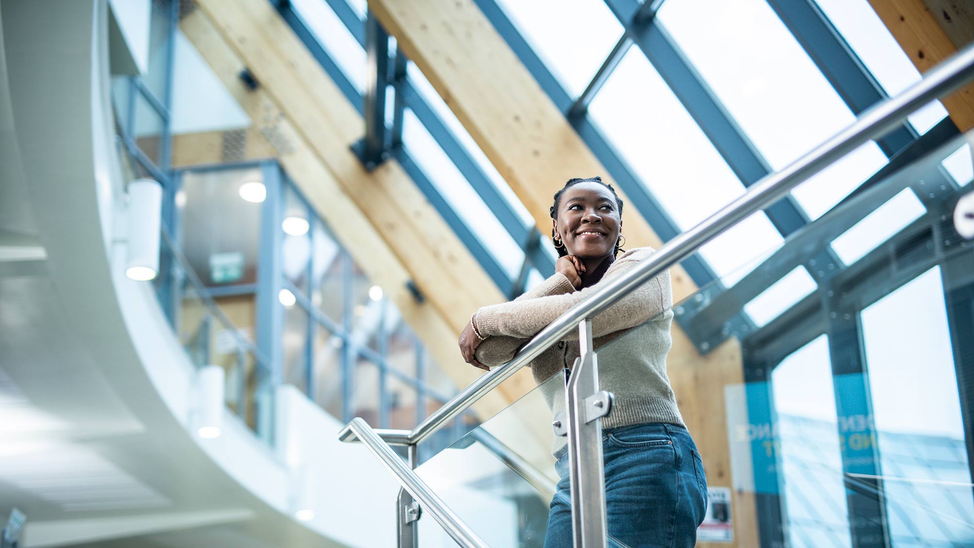 A Nigerian student Ilo on the balcony in the Huddersfield Business School