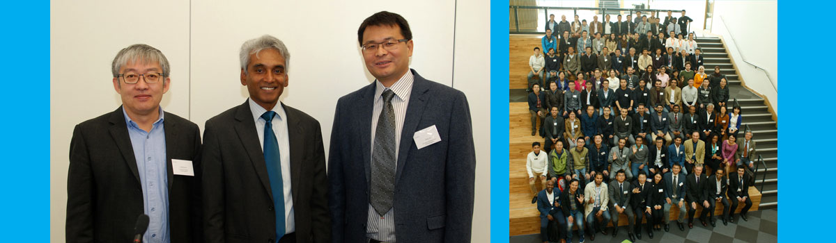 Pictured left – (left to right) President of the Chinese Automation and Computing Society in the UK Professor Dongbing Gu with keynote speaker Professor Visakan Kadirkamanathan and conference organiser Huddersfield’s Professor Professor Zhijie Xu.  Pictured right – Delegates at the conference