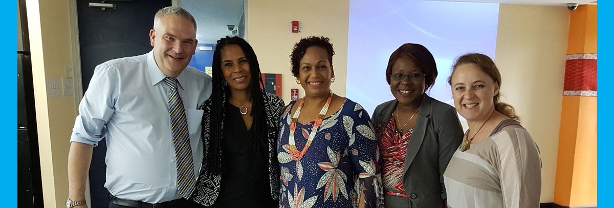 Pictured (l-r) Ben Raikes, the University’s Professor Adele Jones, Dr Karene Nathaniel-DeCaires, PhD student Martia Bailey, who assisted with organisation, and Katie Kramer.