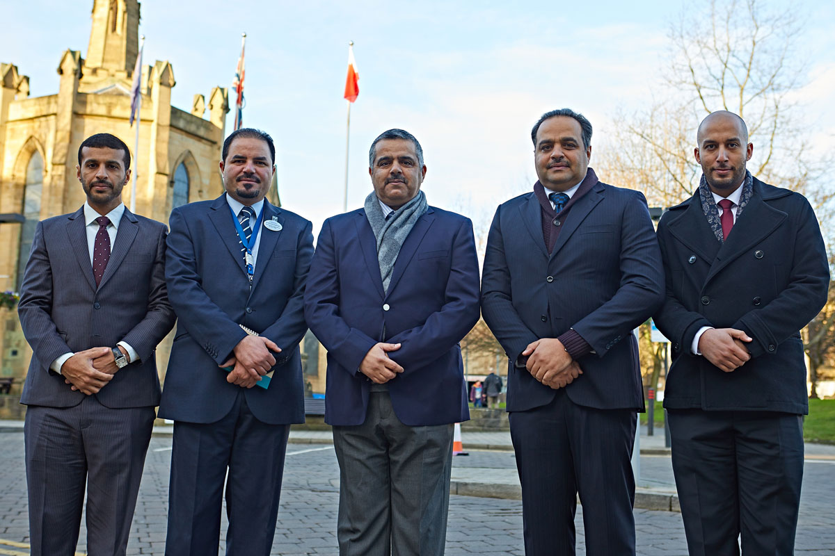 The University’s Dr Mosttafa Alghadhi (second left) welcomes (l-r) the Ministry of the Interior’s Captain Omar Althawadi, Brigadier Dr Hamad Bin Mohammed Al-Khalifa and Colonel Ammar M Al-Sayed, Commandant of Officers Training College for the Royal Academy of Police, along with Captain Bader M Mohamed from the Bahraini UK Embassy.