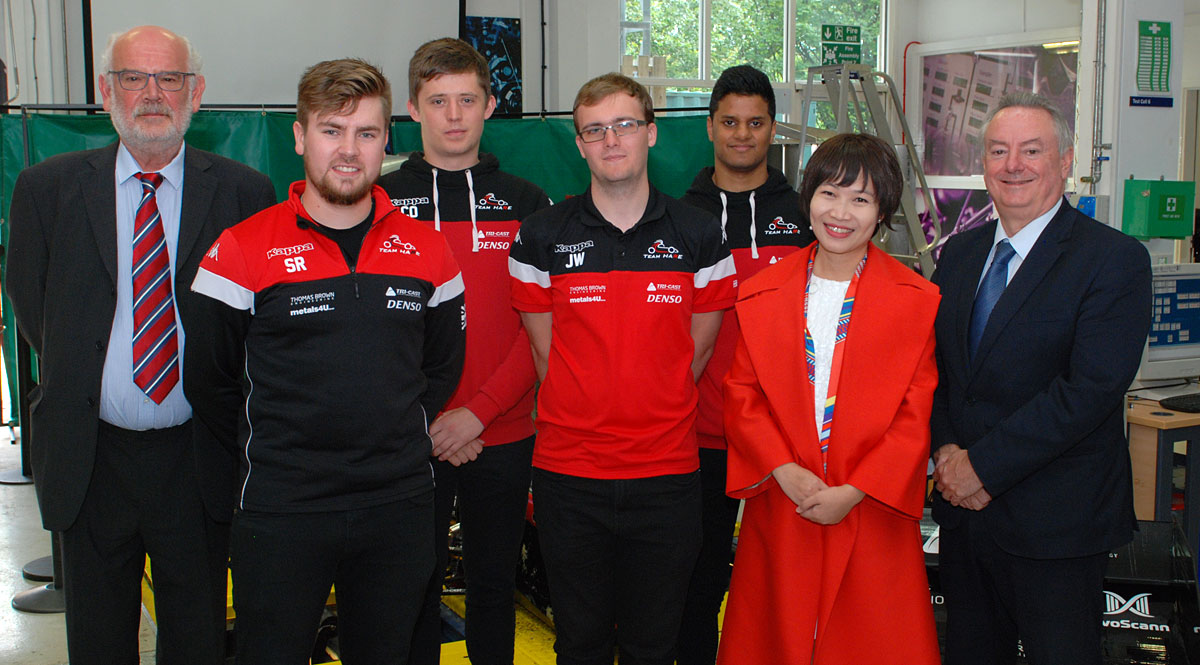 Pictured with Ms Nguyen Thi Quy Phuong and Professor Cryan (right) are (l-r) the Formula Student academic lead John Baron and team members Simon Roberts, Conor O’Brien, Jack Watson and Jamie Mistry.