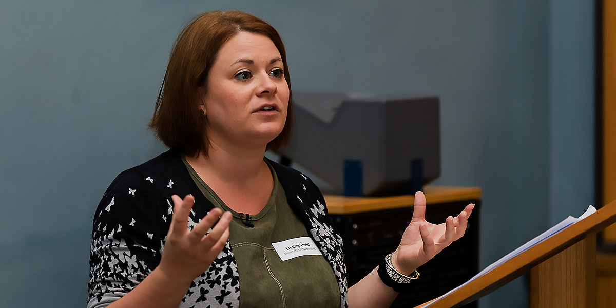 Lindsay Dodd delivers presentation to a lecture theatre full of stunts