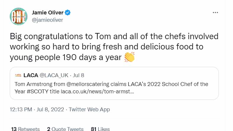 A tweet by Jamie Oliver