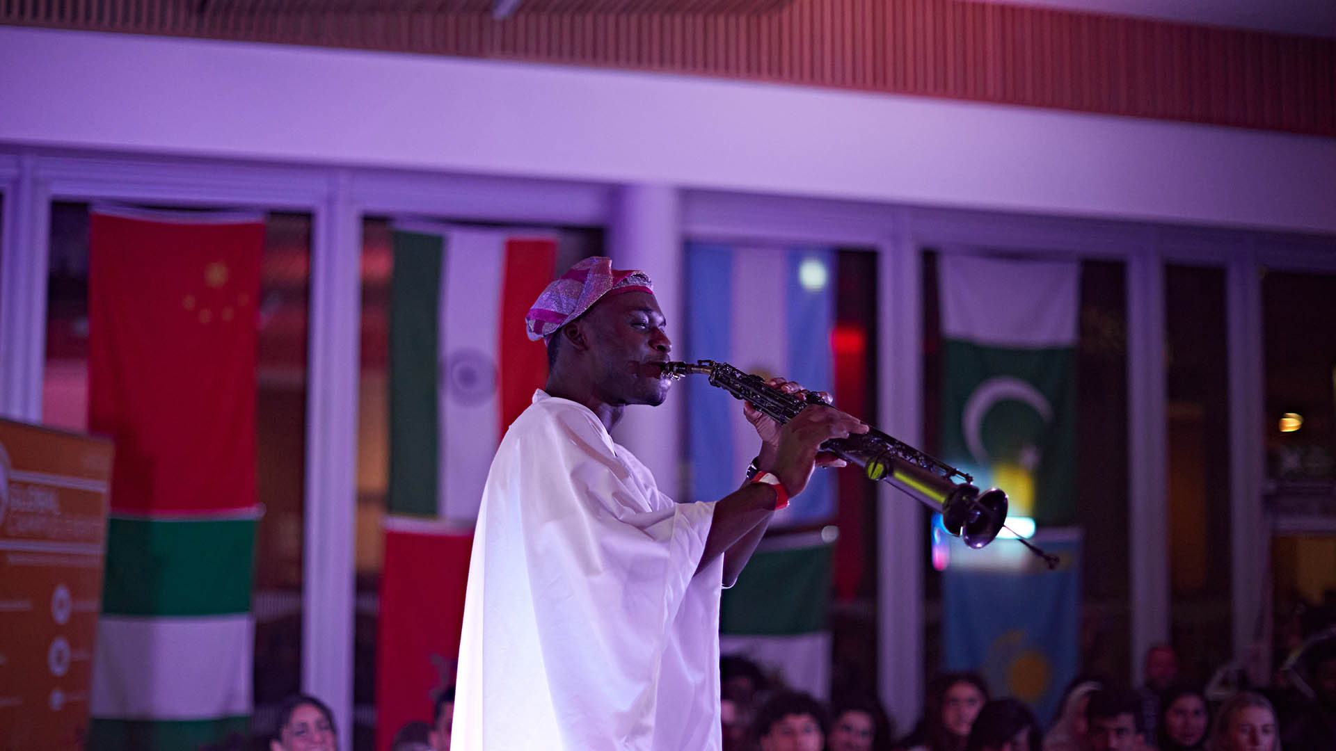 Musician plays wind instrument