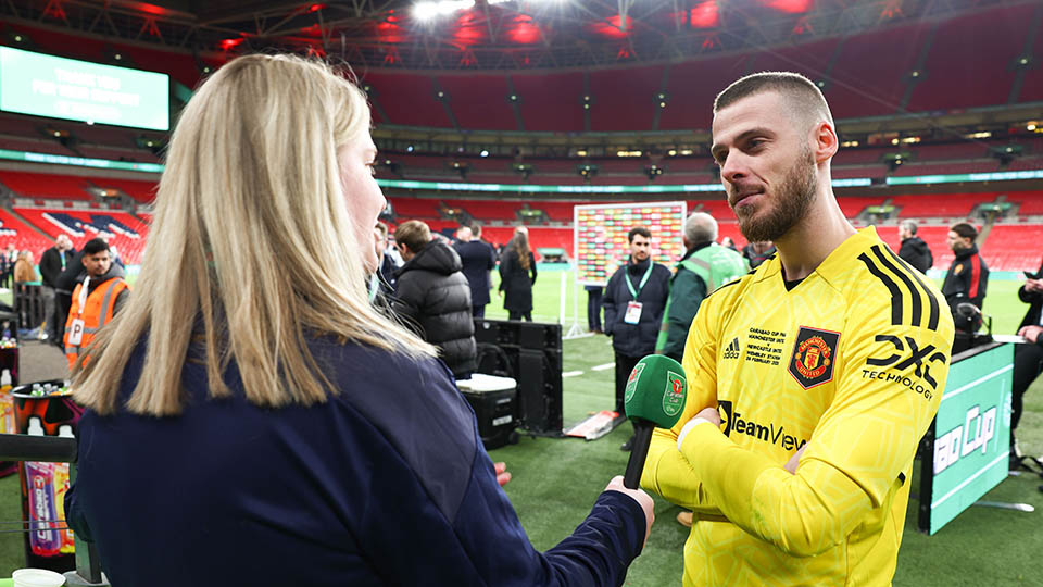 Holly Hunt interviews David De Gea after the Carabao Cup win a week before he let in seven goals against Liverpool