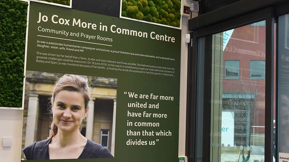 A panel describing Jo Cox in the building that bears her name