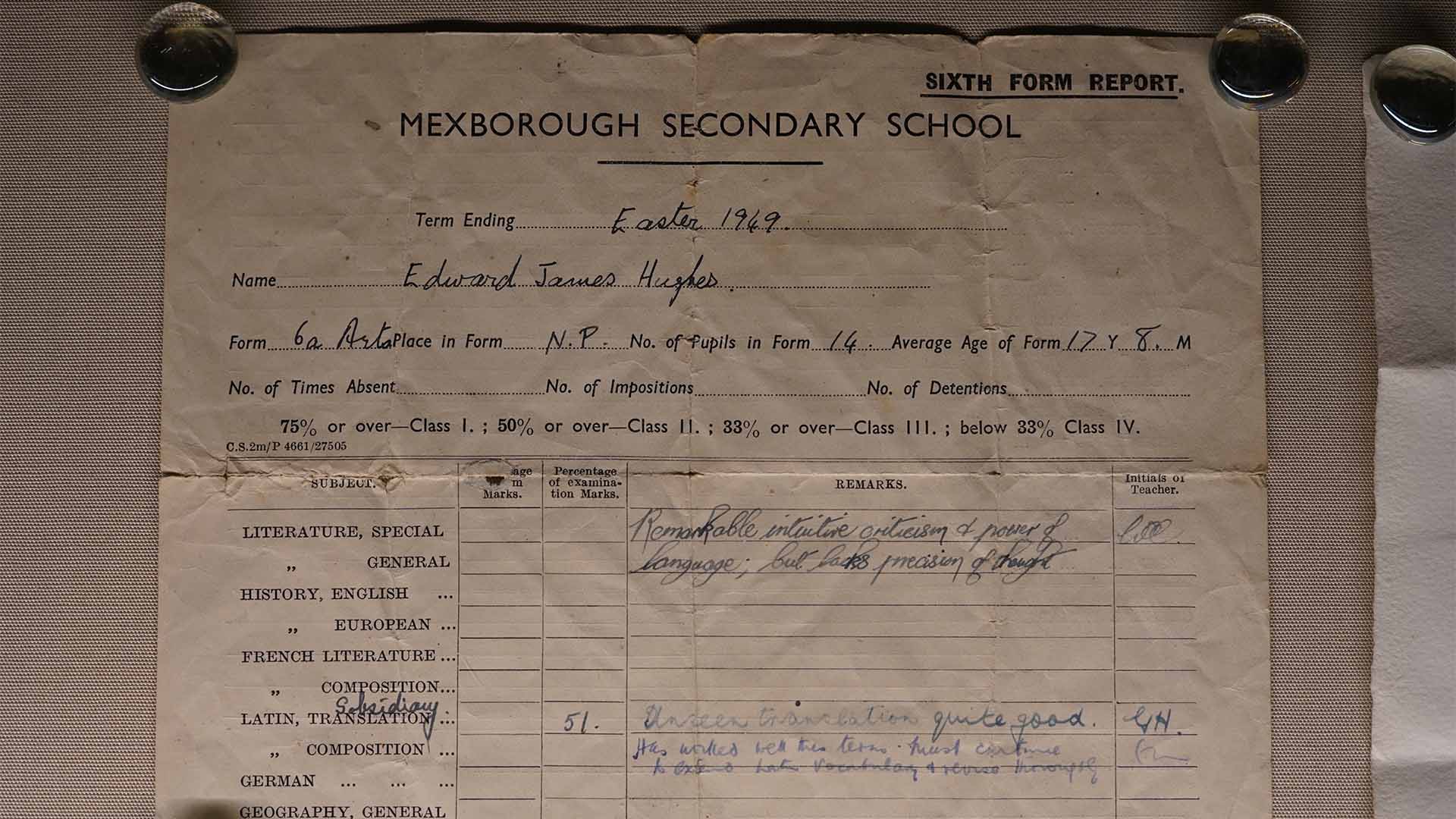 A school report of the poet Ted Hughes