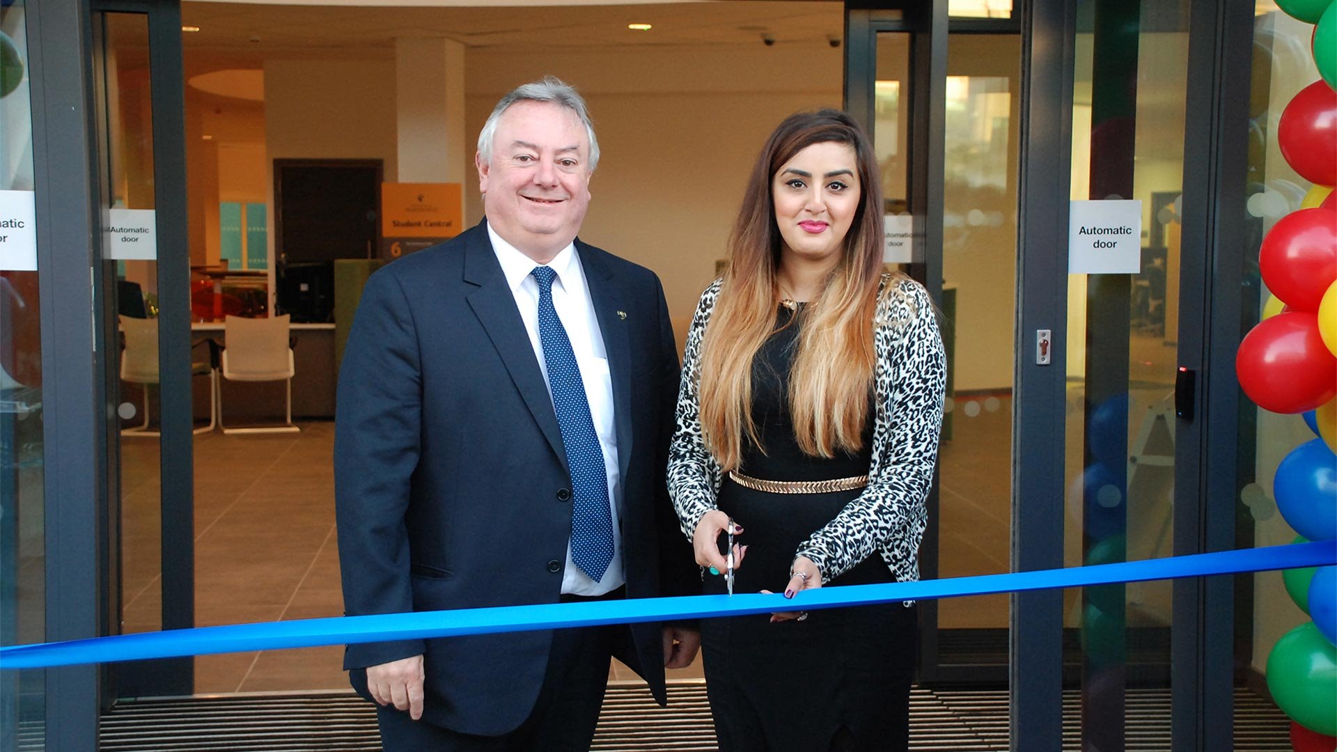 Professor Bob Cryan with Nosheen Dad in 2014 at Student Central is opened