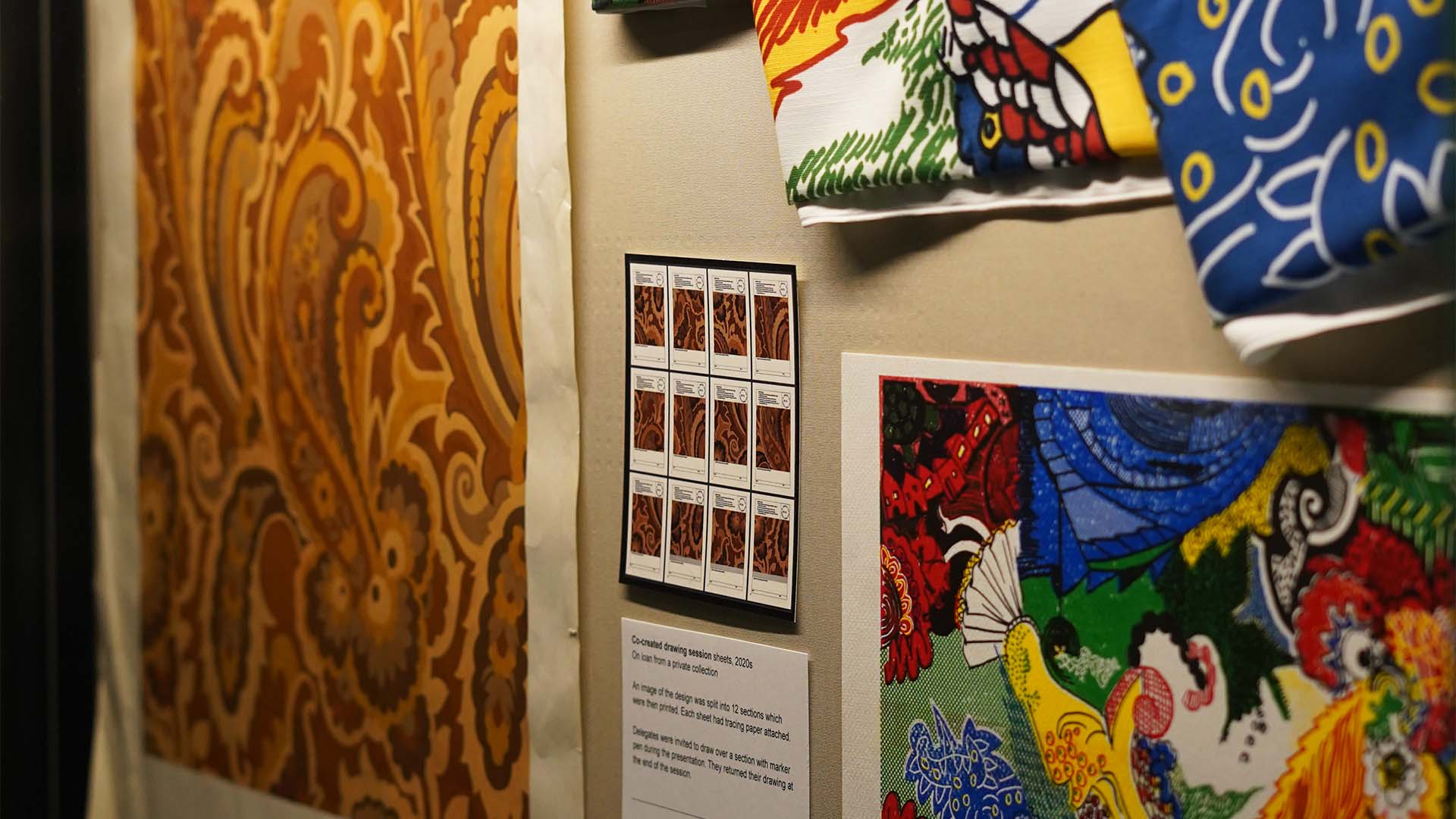 Patterns of Play Gleneden designs, textiles and slides in a display cabinet