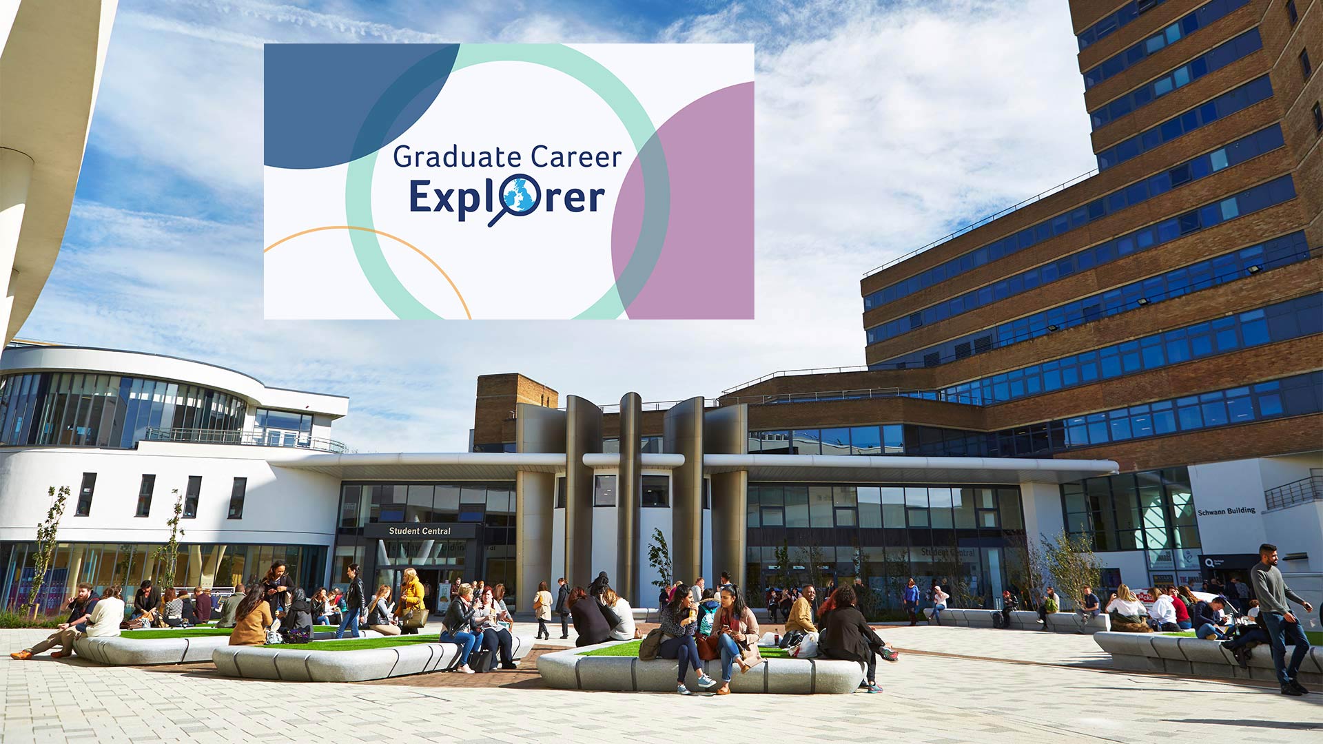 People sat outside in the plaza at The University of Huddersfield with inset of logo