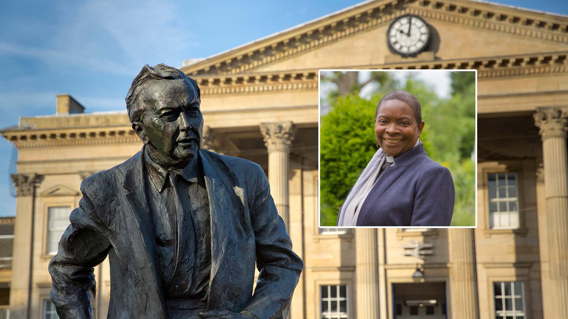 A statue of former Prime Minister Harold Wilson with inset of Rt Revd Rose Hudson-Wilkin