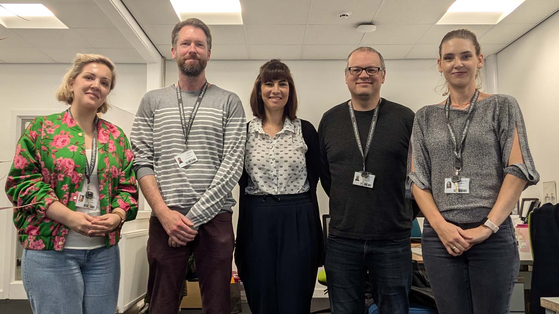 Centre of Archaeology team from left to right: Joanna Spyra, William Mitchell, Caroline Sturdy Colls, Kevin Colls and Daria Cherkaska