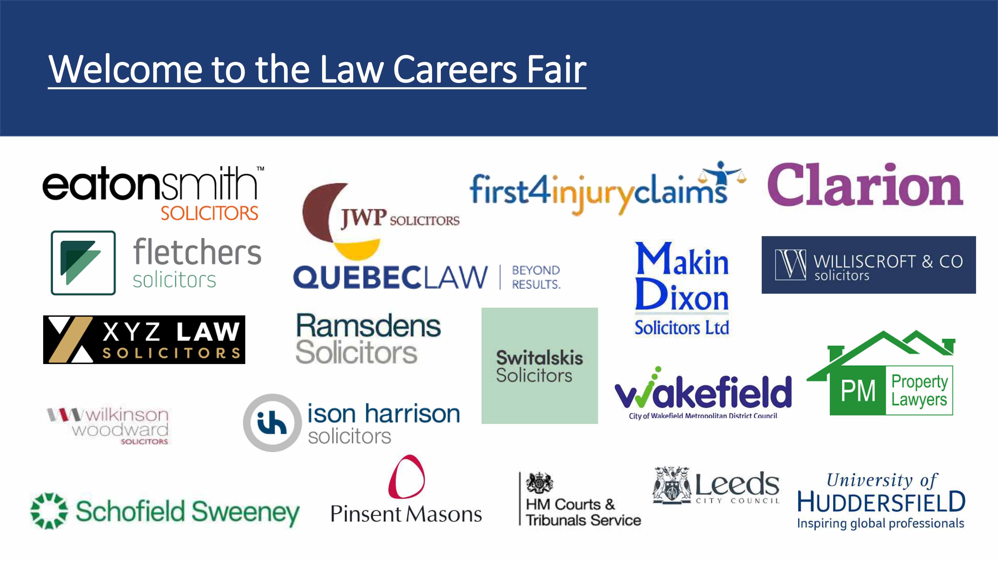 Logos for those firms attending the Law Careers Fair