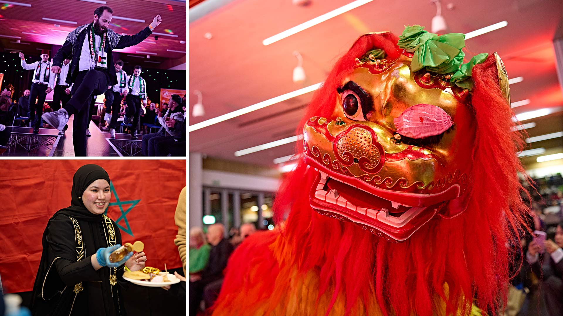 Traditional dress and food and a Chinese lion costume at Global Week and Spring Festival