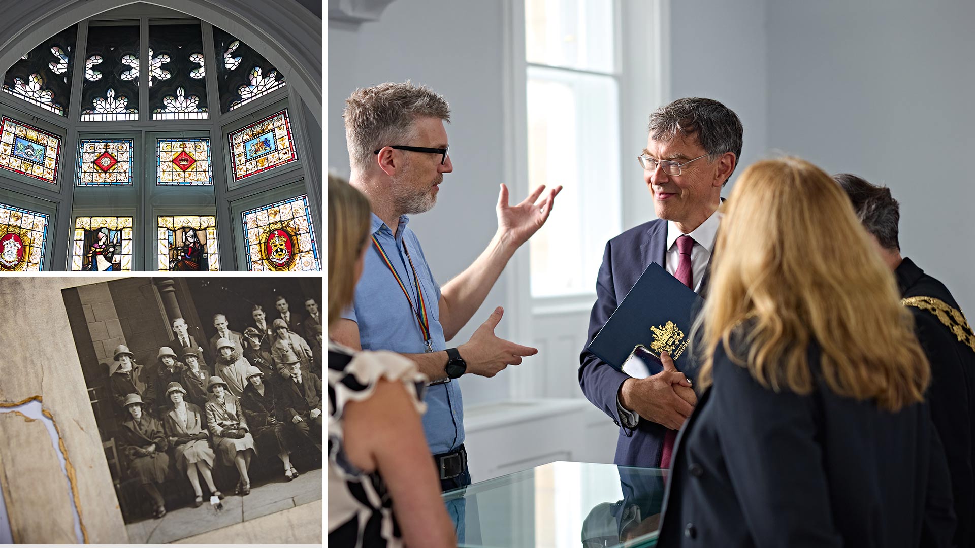 Collage showing stained-glass windows, a historical group photograph and visitors viewing heritage displays inside a restored historic building.