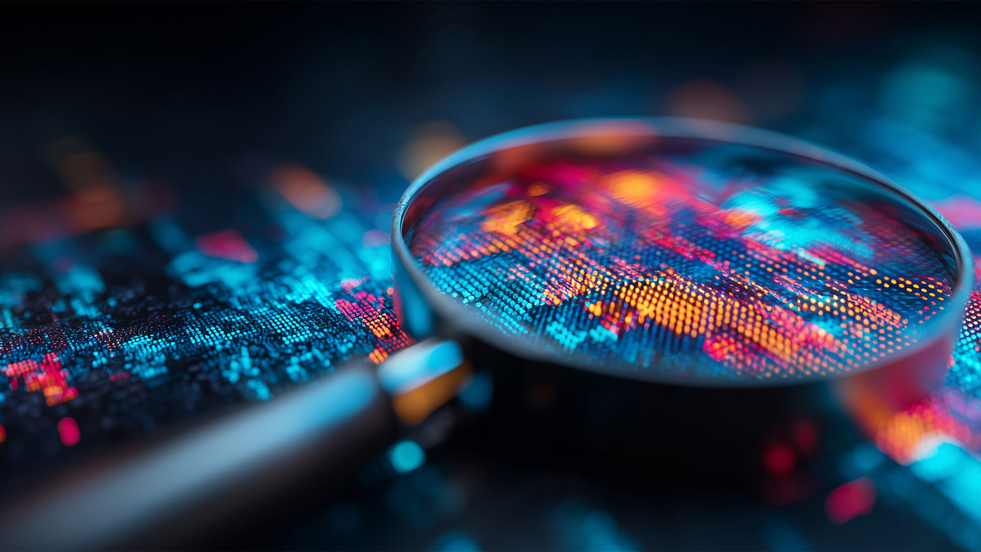 a magnifying glass over digital data indicating investigation
