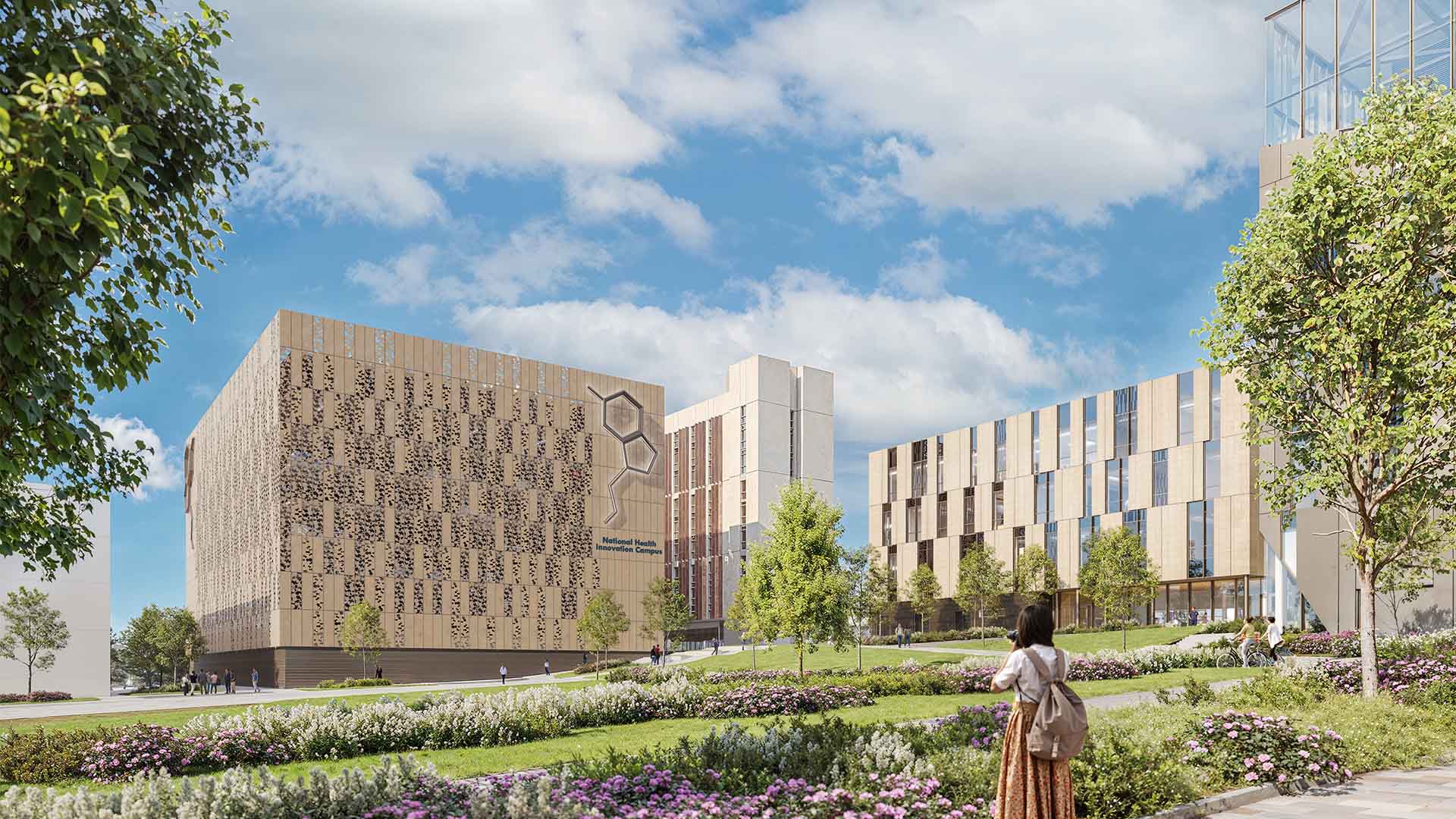 Artist impression of the NHIC building from afar with grass and flowers in front