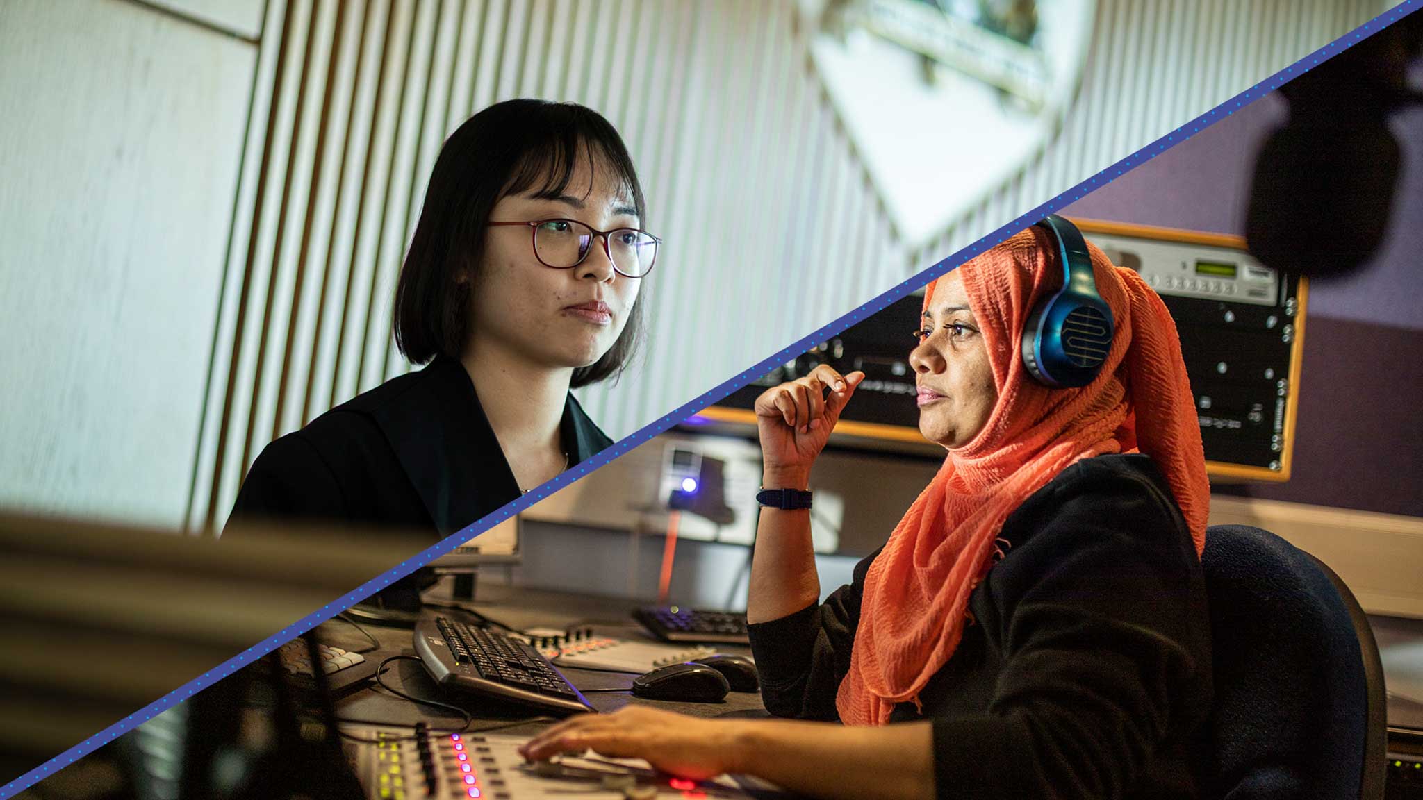 Two students partaking in placements. One in law and another in radio production.