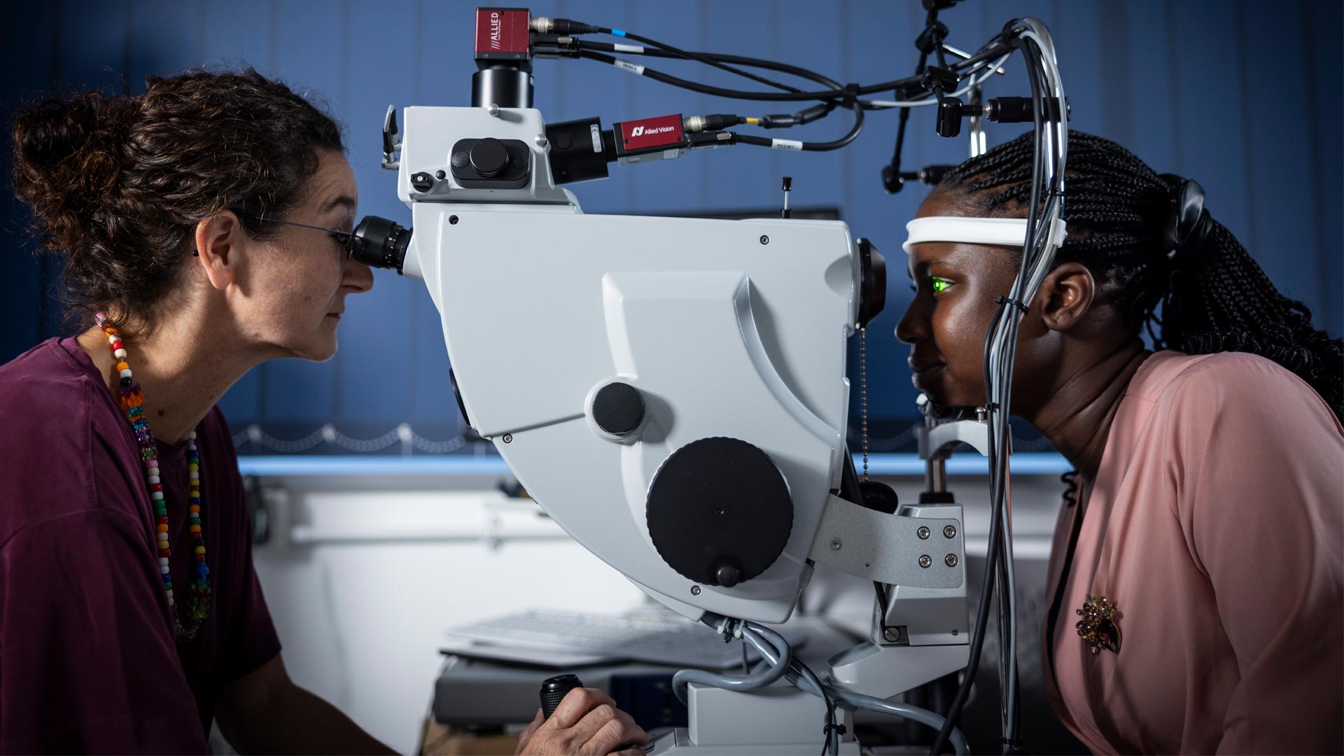 Eye test being conducted on student as part of Optometry studies