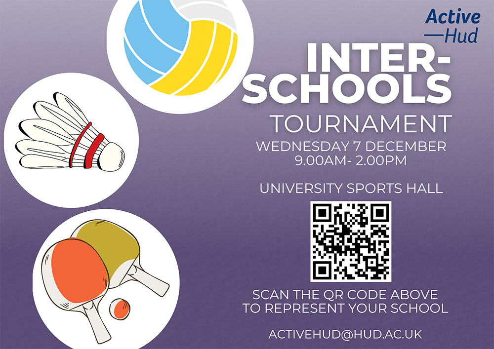 A graphic for the Inter-School Tournament, which displays the date, time, venue, and a QR code which can be scanned to register your participation.