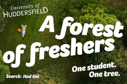 student laying on their back amongst trees - the text says a forest of freshers one student one tree