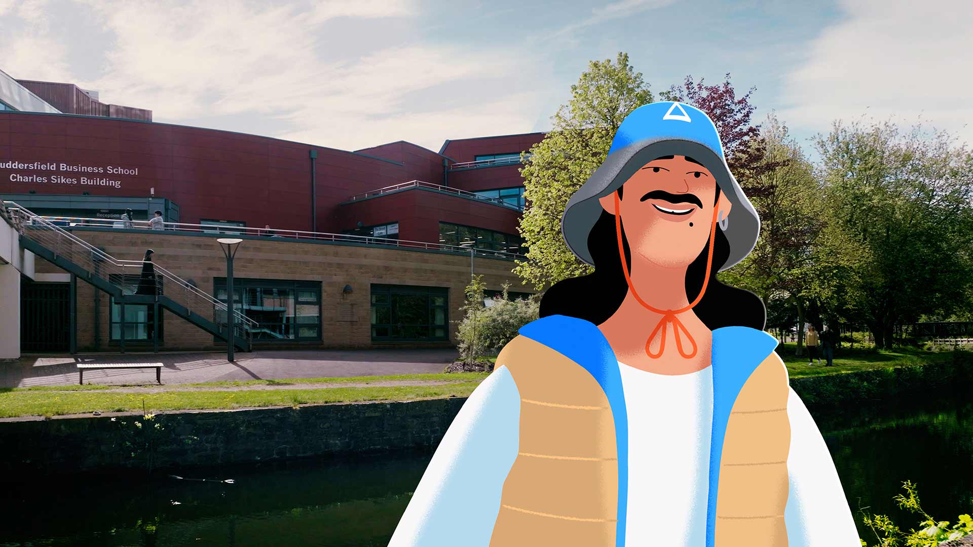 An animated University of Huddersfield student stood in front of the Huddersfield Business School building.