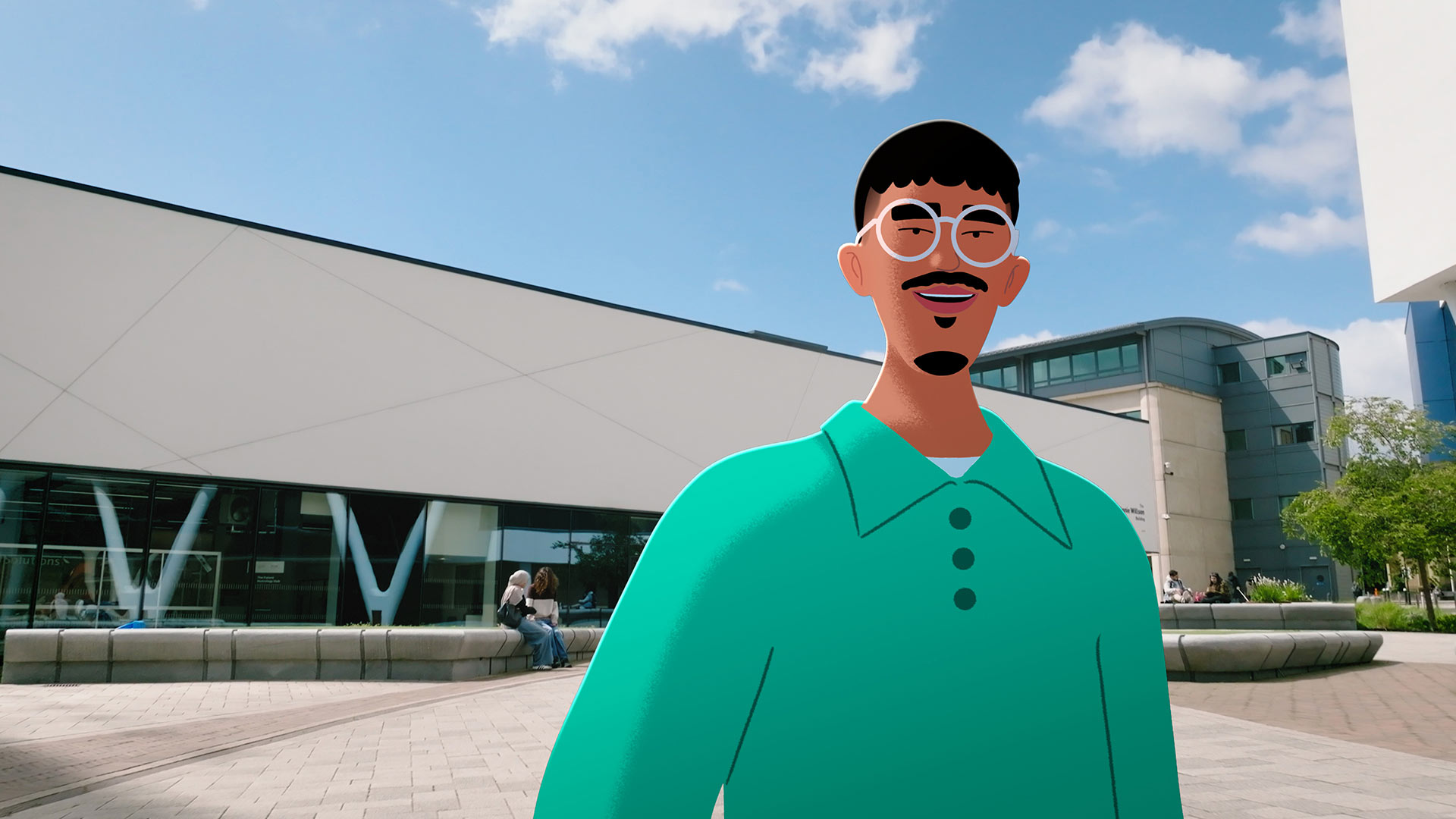 An animated University of Huddersfield student stood on the main campus square.