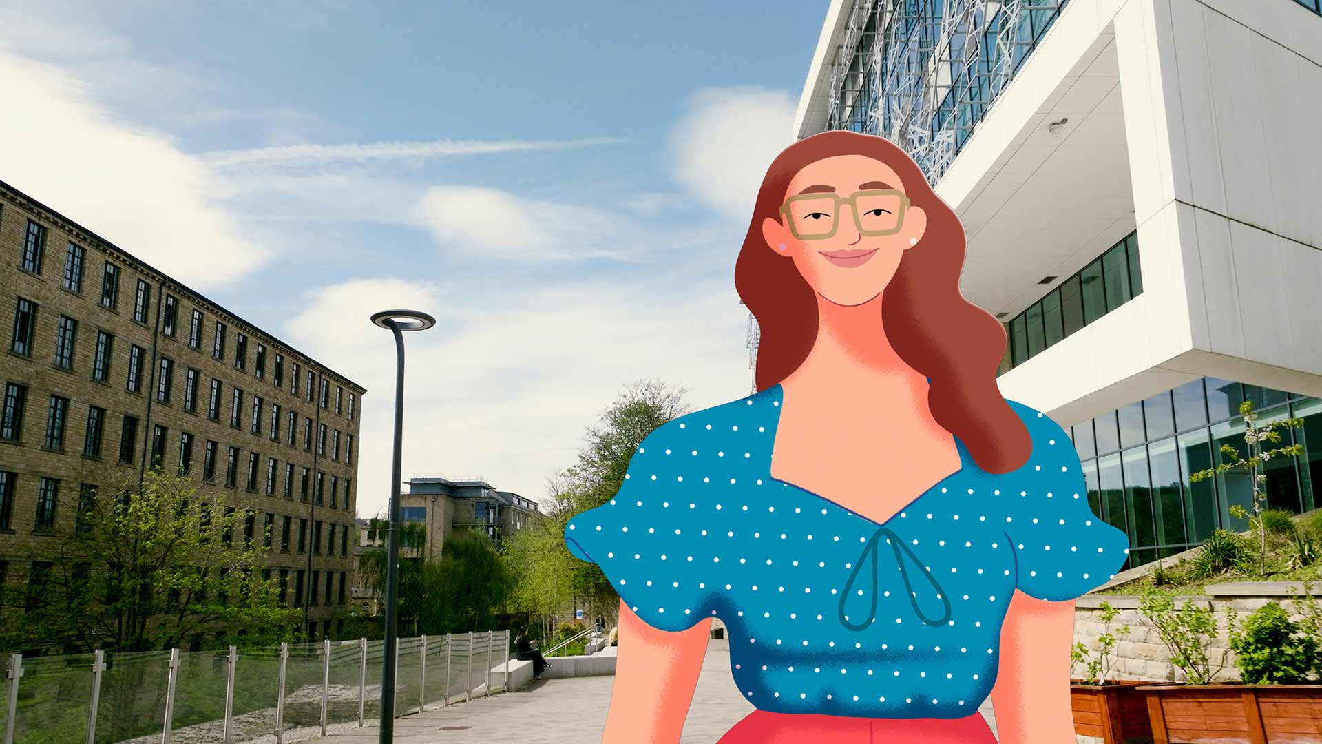 An animated University of Huddersfield student stood next to the canal. between the Barbara Hepworth and Spark Jones buildings on campus.