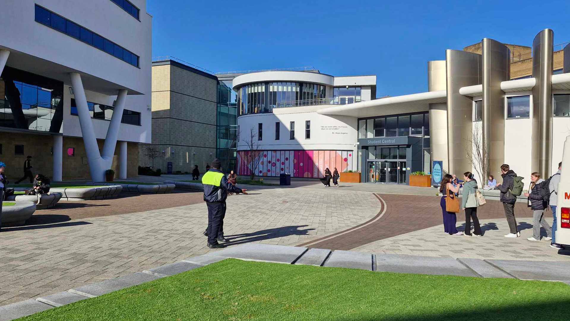 The main University square with the Student central building in the background.