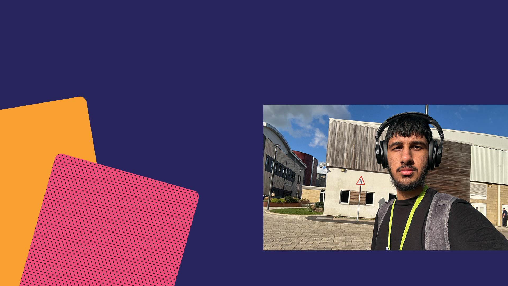 A blue image header with two colourful rectangular shapes at the bottom left hand side and a picture of student Edwin Antony on the right hand side.