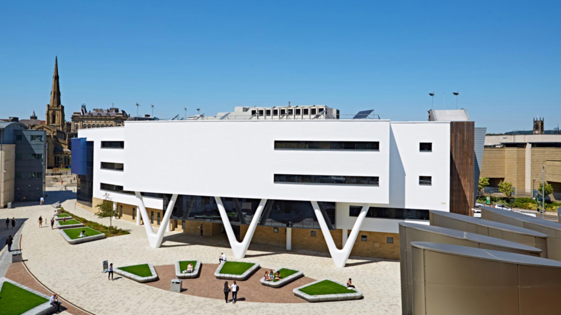 An aerial view of University Square and campus buildings